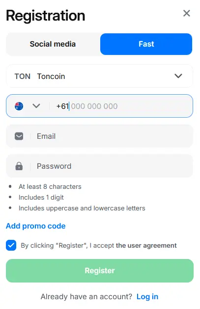 Quick registration in 1Win