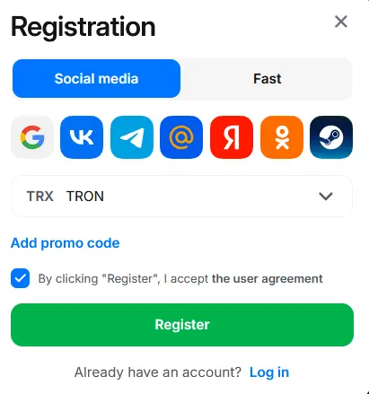 Registration via social networks in 1Win