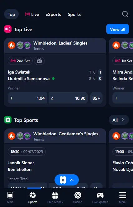 Sports betting in the 1Win app